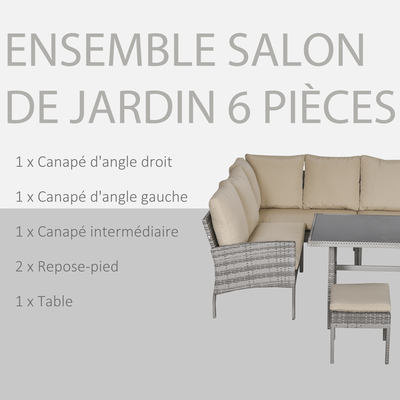 Salon de jardin 6 places avec table à manger et coussins résine tressée grise