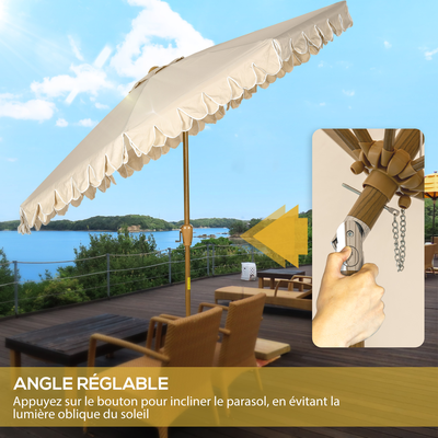 Parasol octogonal inclinable Ø 2,65 x 2,35H m acier aspect bois tissu beige