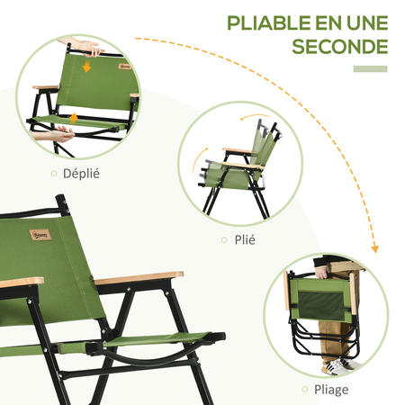 Lot de 2 chaises de jardin camping pliables alu. bois polyester vert