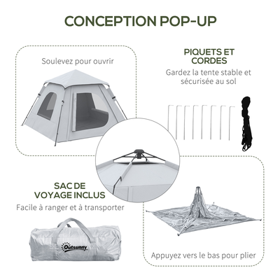 Tente de camping automatique pop up 2-3 pers. gris clair