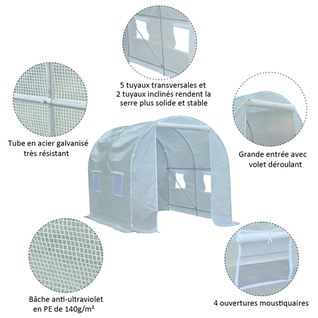 Serre de jardin tunnel surface sol 5 m² blanc