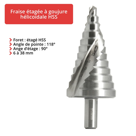 Fraise étagée à goujure hélicoïdale HSS 4 à 20 mm - HANGER - 153420