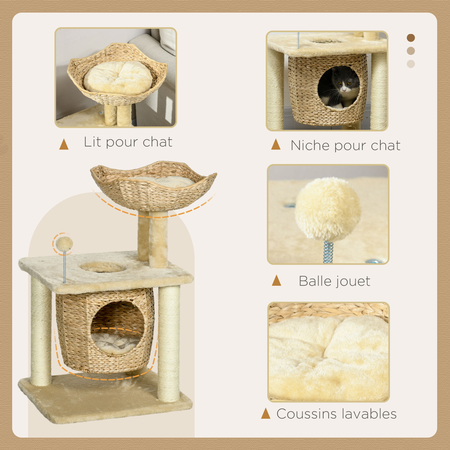 Arbre à chat style cosy chic 2 coussins inclus quenouille sisal naturel beige