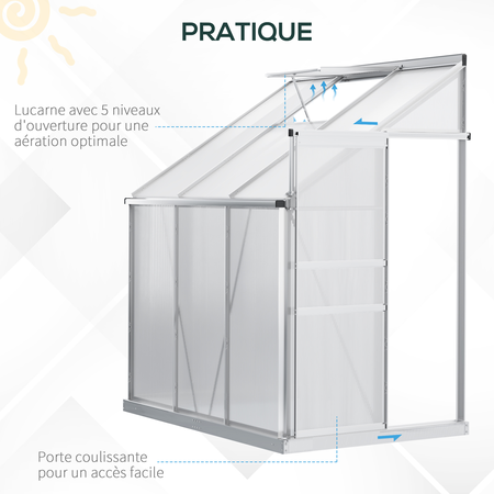 Serre de jardin adossée aluminium polycarbonate 2,44 m² fenêtre porte coulissante