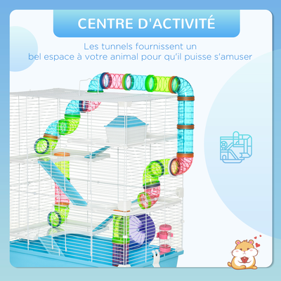 Grande cage à hamsters 5 niveaux - nombreux accessoires - métal PP bleu blanc