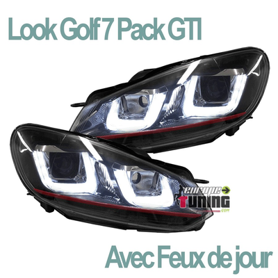 PHARES AVANTS POUR VW GOLF 6 AVEC FEUX DE JOUR LOOK GOLF 7 PACK GTI BANDES ROUGES (03967)