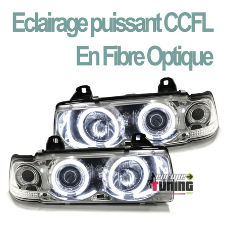 PHARES FEUX CHROME ANNEAUX CCFL ANGEL EYES BMW SERIE 3 E36 BERLINE TOURING (00505)