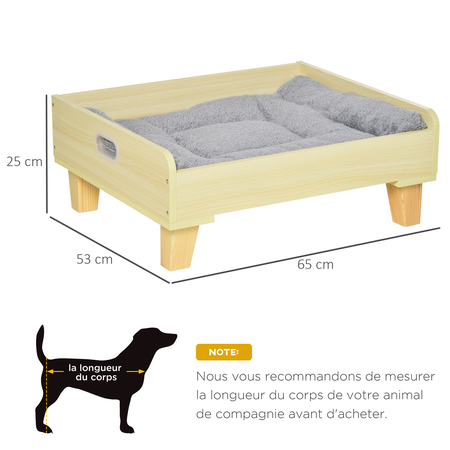 Canapé panier design chien chat aspect bois clair coussin gris