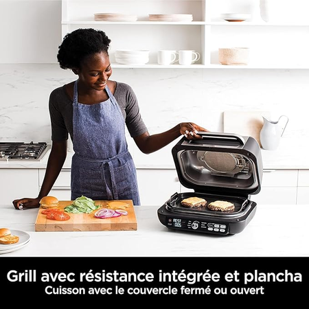 Ninja Foodi MAX PRO Grill, Plancha et Friteuse à air avec sonde de cuisson numérique, 3,8L, 7-en-1, Grill, Air Fryer, Cuire, Rôtir, Argent/Noir (AG651EU)