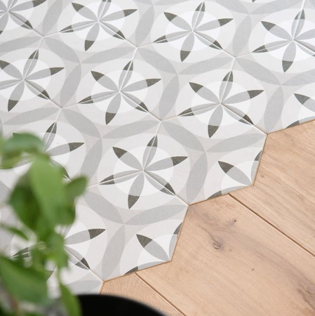 HEXATILE - NATURE B&W - Carrelage 17,5X20 cm hexagonal motif fleur noir blanc