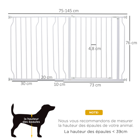 Barrière de sécurité animaux réglable avec porte acier blanc