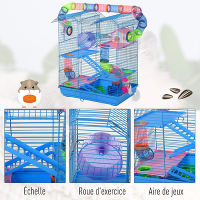 Cage pour Hamster Souris Petit Animaux Rongeur 47 x 30 x 59 cm Bleu