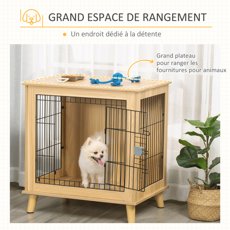 Cage pour chien sur pied style scandinave acier noir aspect bois clair