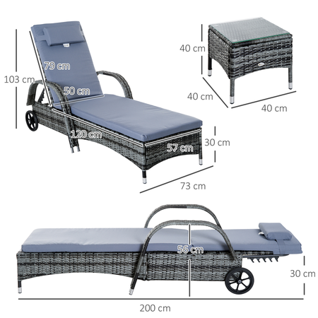 Lot de 2 bains de soleil avec matelas + table basse résine tressée gris