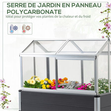 Mini serre sur pieds structure alu. PVC aspect bois gris polycarbonate