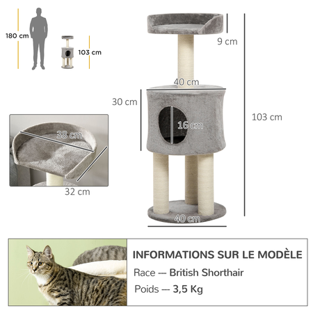 Arbre à chat griffoirs niche plateforme peluche grise