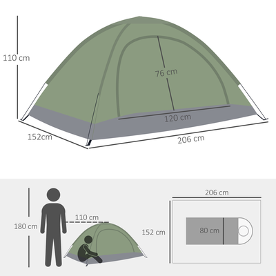 Tente de camping 2 personnes fibre verre polyester gris vert