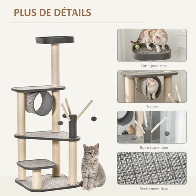 Arbre à chats multi-équipements H130 cm polyester gris