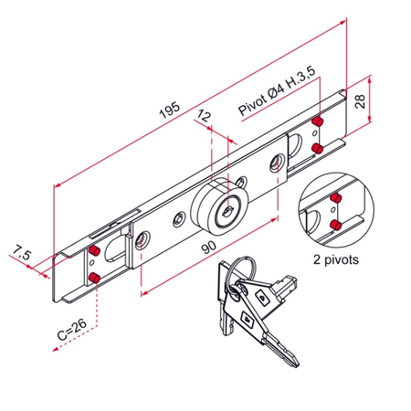 Serrure AA40 acier zingué cylindre rond longueur 12mm 2 pivots - TIRARD - AA114004