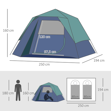 Tente de camping pop up montage instantané 3 pers. bleu vert