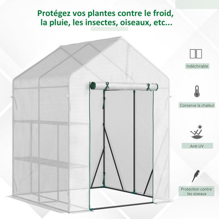 Serre de jardin 2 tablettes acier PE haute densité transparent blanc