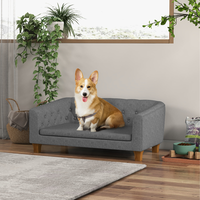 Canapé chien style Chesterfield dossier capitonné pieds bois polyester gris