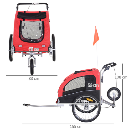 Remorque vélo jogger 2 en 1 pour animaux rouge