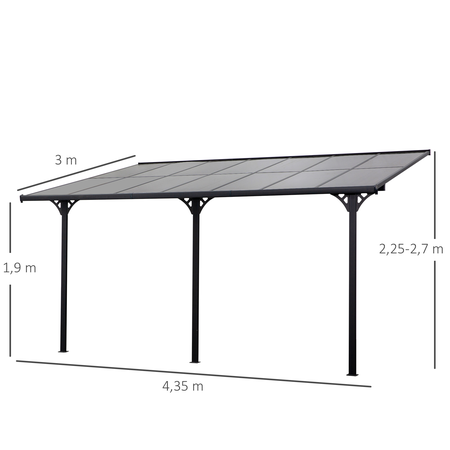 Pergola rigide alu. polycarbonate dim. 4,35L x 3l x 2,7H m adossable grise