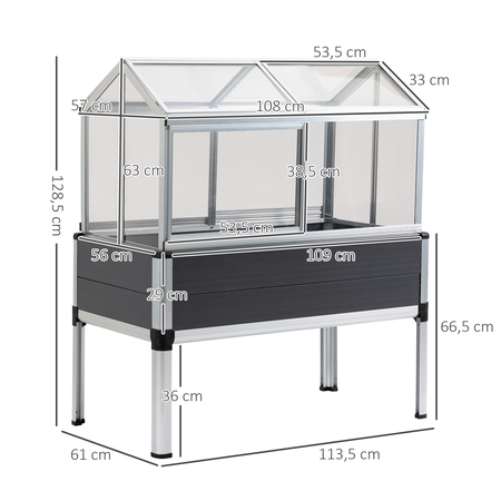 Mini serre sur pieds structure alu. PVC aspect bois gris polycarbonate