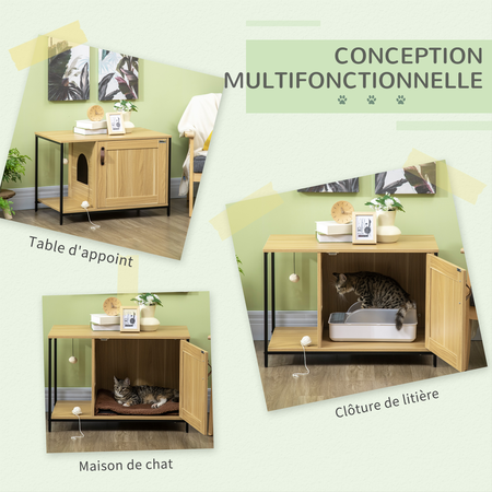 Maison de toilette pour chat style industriel acier noir aspect bois clair