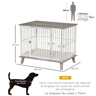 Cage pour chien animaux sur pied avec coussin acier blanc aspect bois gris