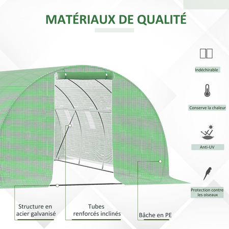 Serre de jardin tunnel surface sol 18 m² acier PE vert