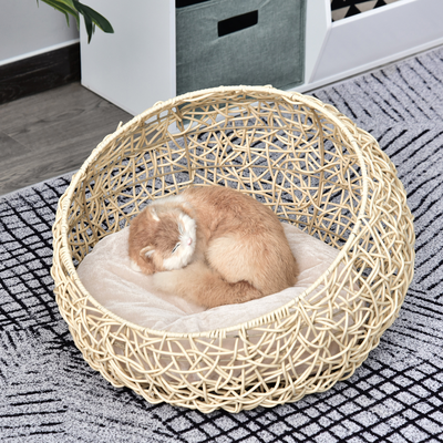 Panier chat avec coussin PVC imitation rotin beige