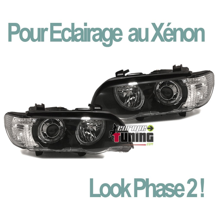 PHARES NOIRS A ANNEAUX LED ANGEL EYES BMW X5 E53 1999-2003 PHASE 1 FEUX XENON (13668)