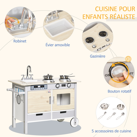 Cuisine desserte pour enfant 2 en 1 multi-équipement aspect bois clair gris