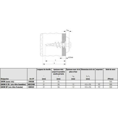 Chevilles métallique auto-perceuse GKM-S 35 pour carton plâtre boîte de 100 - FISCHER - 502246