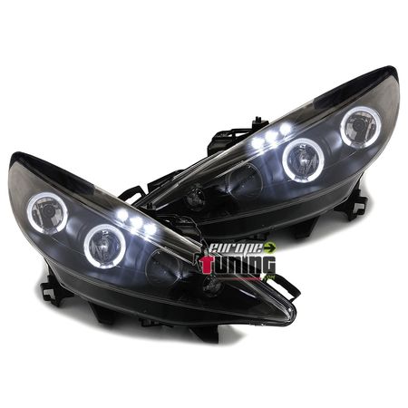 PHARES FEUX AVANTS NOIRS ANGEL EYES LED PEUGEOT 207 PHASES 1 et 2 (13351)