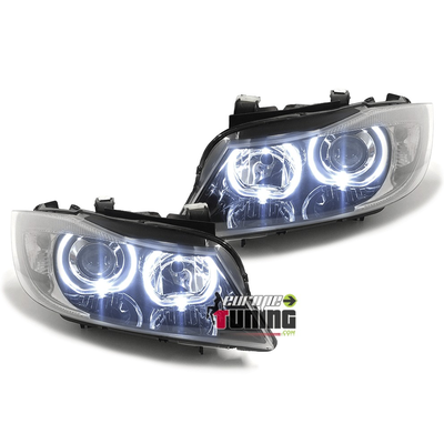 PHARES FEUX NOIRS ANGEL EYES ANNEAUX LED BMW SERIE 3 E90 & E91 PHASES 1 2005-2008 (03725)