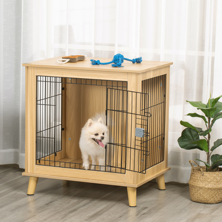 Cage pour chien sur pied style scandinave acier noir aspect bois clair