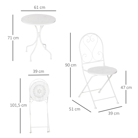 Ensemble de jardin bistro 3 pièces 2 chaises pliantes avec table blanc