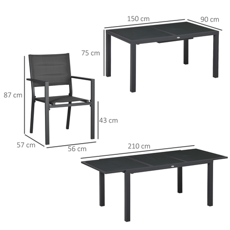 Ensemble de jardin 6 personnes table extensible plateau verre trempé gris