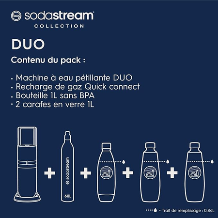 SodaStream DUO Machine à Eau Pétillante pour Carafe en Verre | Pack 2 Carafes en Verre 1L + 1 Bouteille 1L Compatibles Lave-Vaisselle + 1 Recharge de Gaz 60L à Clipser | Noire [Amazon Exclusive]