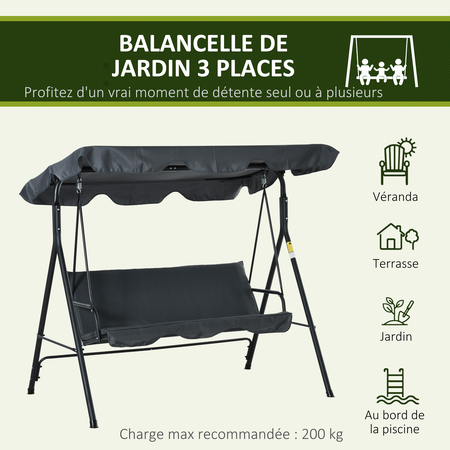 Balancelle de jardin 3 places toit réglable acier polyester gris