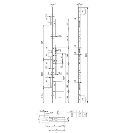 Serrure 3 points à larder PERFORMA Axe 35mm avec têtière plate - ISEO - 7232013528