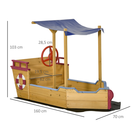 Bac à sable bateau de pirate en bois avec voile d'ombrage