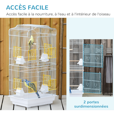 Cage à oiseaux volière avec mangeoires perchoirs plateau 2 portes blanc