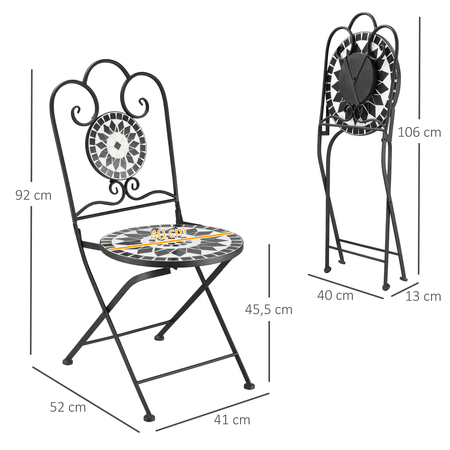 Lot de 2 chaises de jardin pliables style fer forgé noir blanc