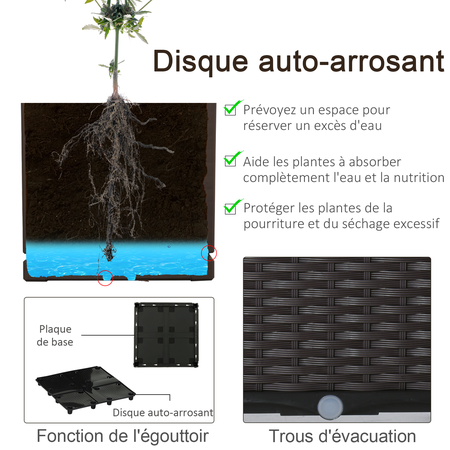 Jardinière sur pieds carré potager inserts d'irrigation inclus PP imitation rotin chocolat