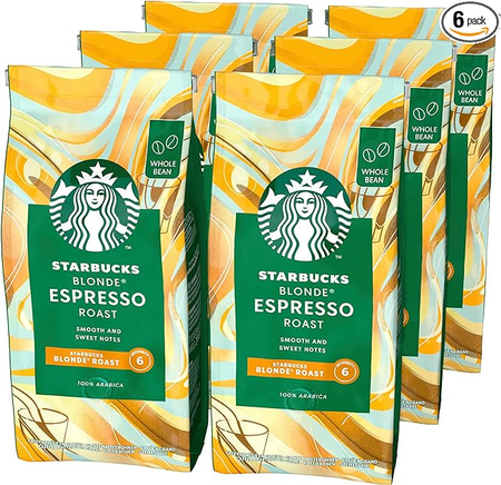 STARBUCKS Blonde Espresso Roast, Torréfaction Blonde, Café en Grains 200g (Pack de 6)