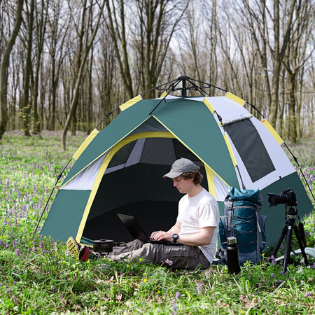 Tente de camping pop up 3 personnes avec sac jaune gris vert